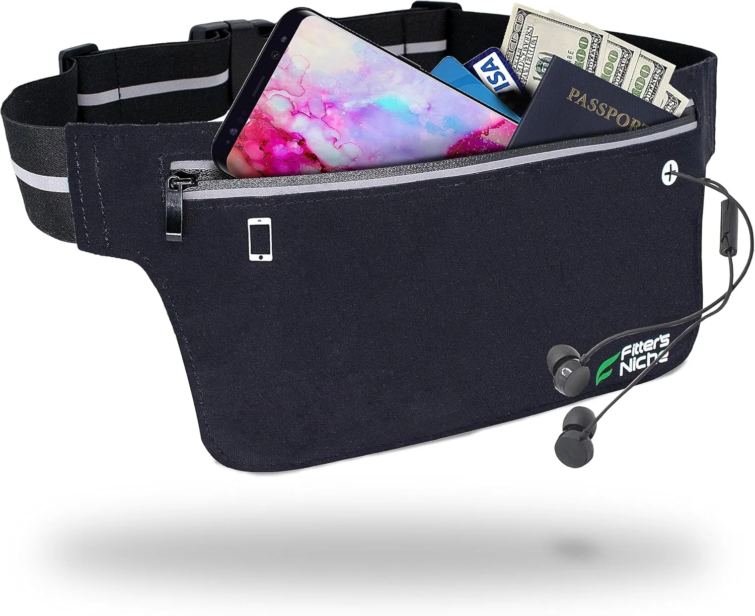 Fitter's Niche UltraSlim Fanny Waist Pack  Water Resistant Bag, Reflective Elastic Belt  Fit 24 to 43inch Waists, Holds Phones up to 6.7inch  Ideal for Indoor & Outdoor Workouts, Exercises & Trips