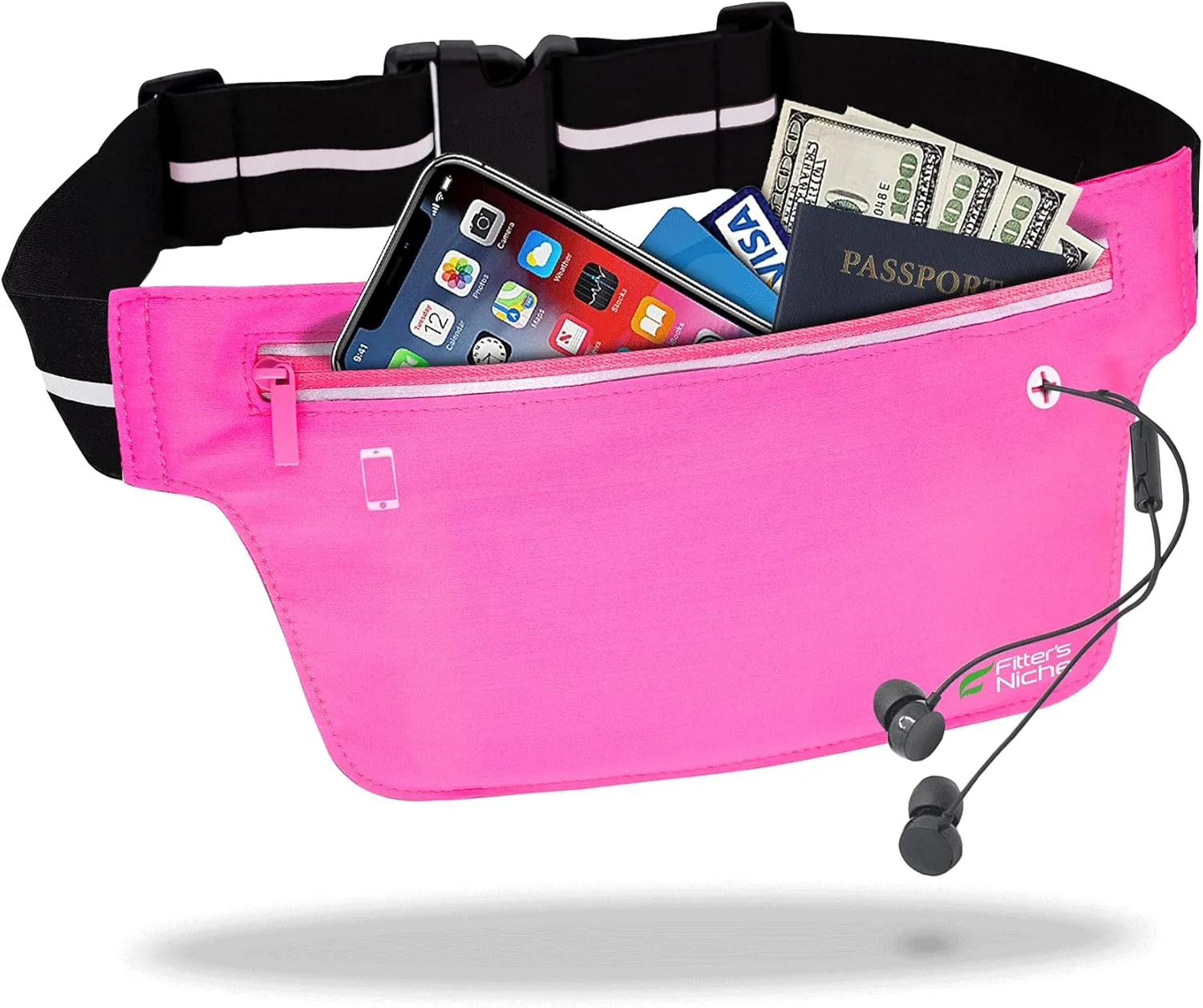 Fitter's Niche UltraSlim Fanny Waist Pack  Water Resistant Bag, Reflective Elastic Belt  Fit 24 to 43inch Waists, Holds Phones up to 6.7inch  Ideal for Indoor & Outdoor Workouts, Exercises & Trips