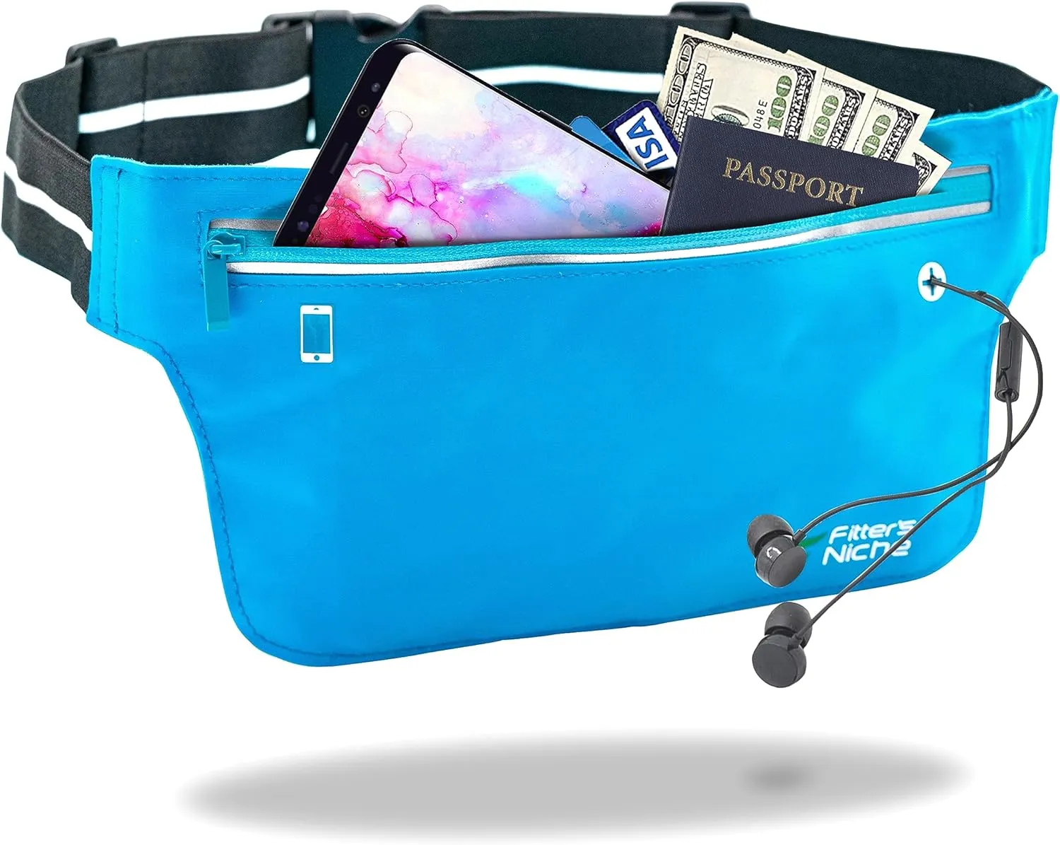 Fitter's Niche UltraSlim Fanny Waist Pack  Water Resistant Bag, Reflective Elastic Belt  Fit 24 to 43inch Waists, Holds Phones up to 6.7inch  Ideal for Indoor & Outdoor Workouts, Exercises & Trips