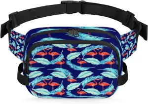 Flamingo Feathers Blue Fanny Pack Crossbody Bags for Women Men Belt Bag Waist Pack Bag Fanny Packs Cross Body Bag Phone Holder for Outdoors Sports Hiking Travel