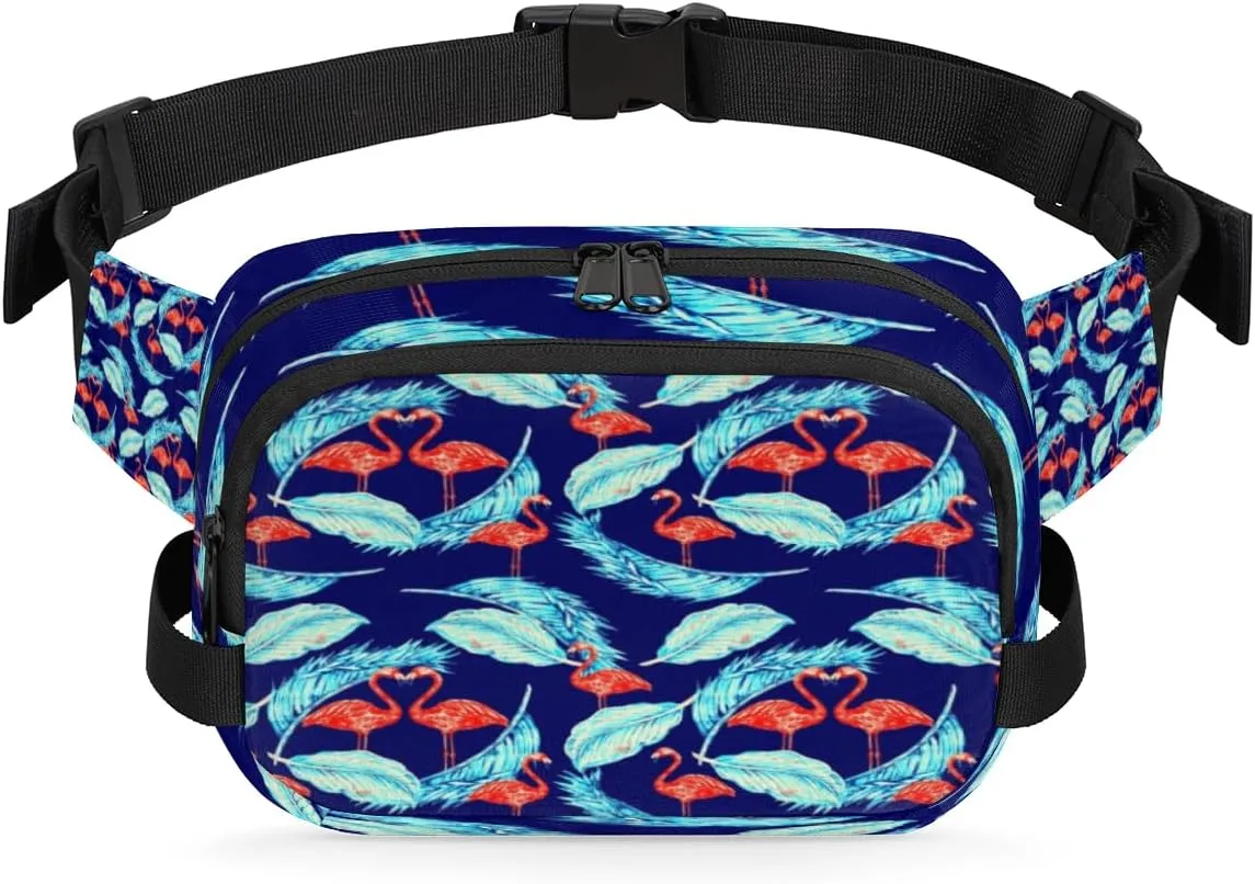 Flamingo Feathers Blue Fanny Pack Crossbody Bags for Women Men Belt Bag Waist Pack Bag Fanny Packs Cross Body Bag Phone Holder for Outdoors Sports Hiking Travel