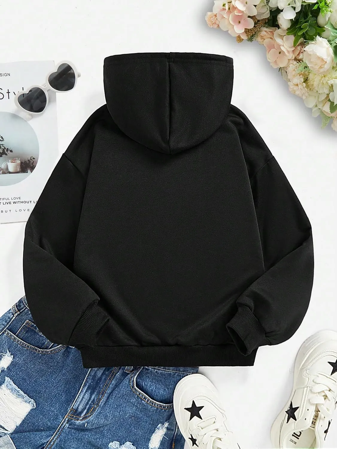 Floerns Girls Heart Graphic Print Long Sleeve Hooded Sweatshirt Pullover Tops