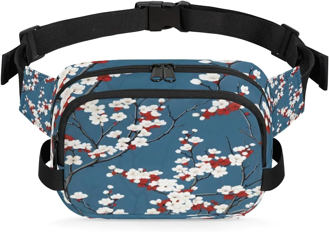 Floral Fanny Packs for Women Men Fashion Waist Packs Belt Bag Water-resistant Crossbody Bag Red White Floral Waist Pouch Waist Pack Hip Bum Bag for Hiking Casual Travel Cycling