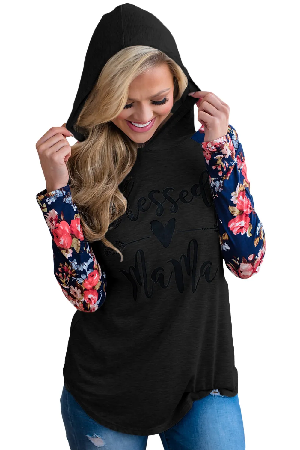 Floral Raglan Sleeve Blessed Mama Hoodie