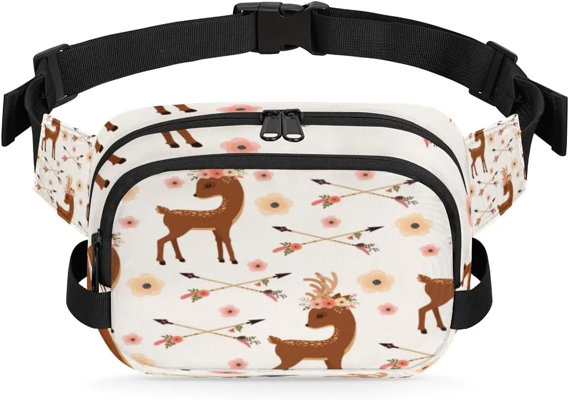 Flower Deer Cute Fanny Pack Crossbody Bags for Women Men Waist Packs Hip Bum Bag Cross Body Fanny Pack with Adjustable Strap for Running Hiking Travel