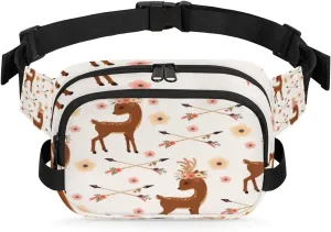 Flower Deer Cute Fanny Pack Crossbody Bags for Women Men Waist Packs Hip Bum Bag Cross Body Fanny Pack with Adjustable Strap for Running Hiking Travel