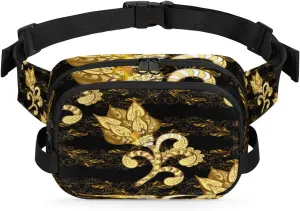 Flower Gold Black Fanny Pack Crossbody Bags for Women Men Waist Packs Hip Bum Bag Cross Body Fanny Pack with Adjustable Strap for Running Hiking Travel