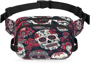 Flower Rose Skull Fanny Packs for Women Men Fashion Waist Packs Belt Bag Water-resistant Crossbody Bag Waist Pouch Waist Pack Hip Bum Bag for Hiking Casual Travel Cycling