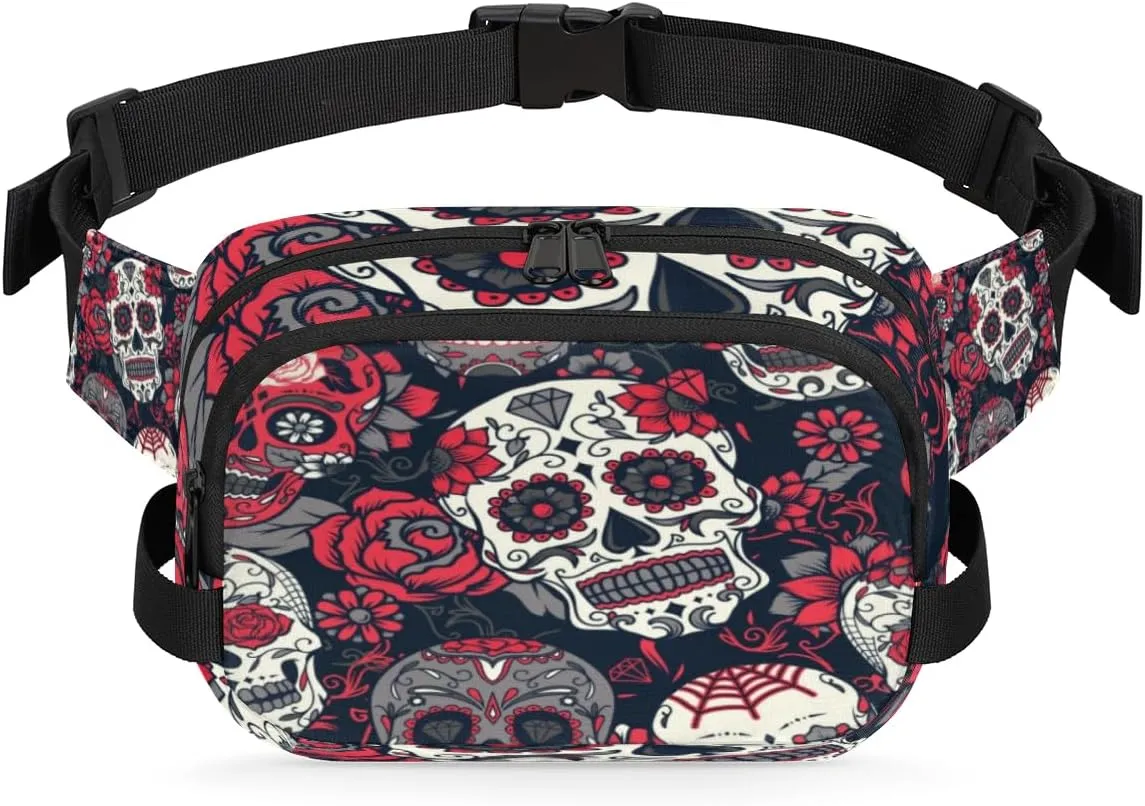 Flower Rose Skull Fanny Packs for Women Men Fashion Waist Packs Belt Bag Water-resistant Crossbody Bag Waist Pouch Waist Pack Hip Bum Bag for Hiking Casual Travel Cycling