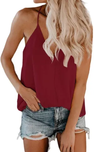 FOROLAV Women's V Neck Tank Tops Chiffon Cami with Adjustable Spaghetti Straps