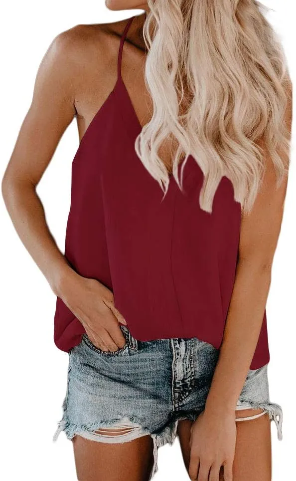 FOROLAV Women's V Neck Tank Tops Chiffon Cami with Adjustable Spaghetti Straps