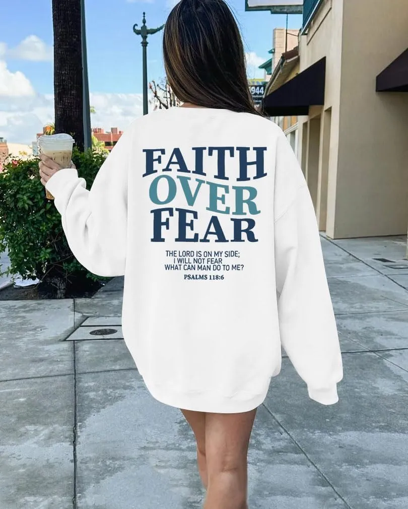 FRYAID Christian Sweatshirt Women Faith Over Fear Christian Religious Sayings Pullover Shirt Letter Print Long Sleeve Tops