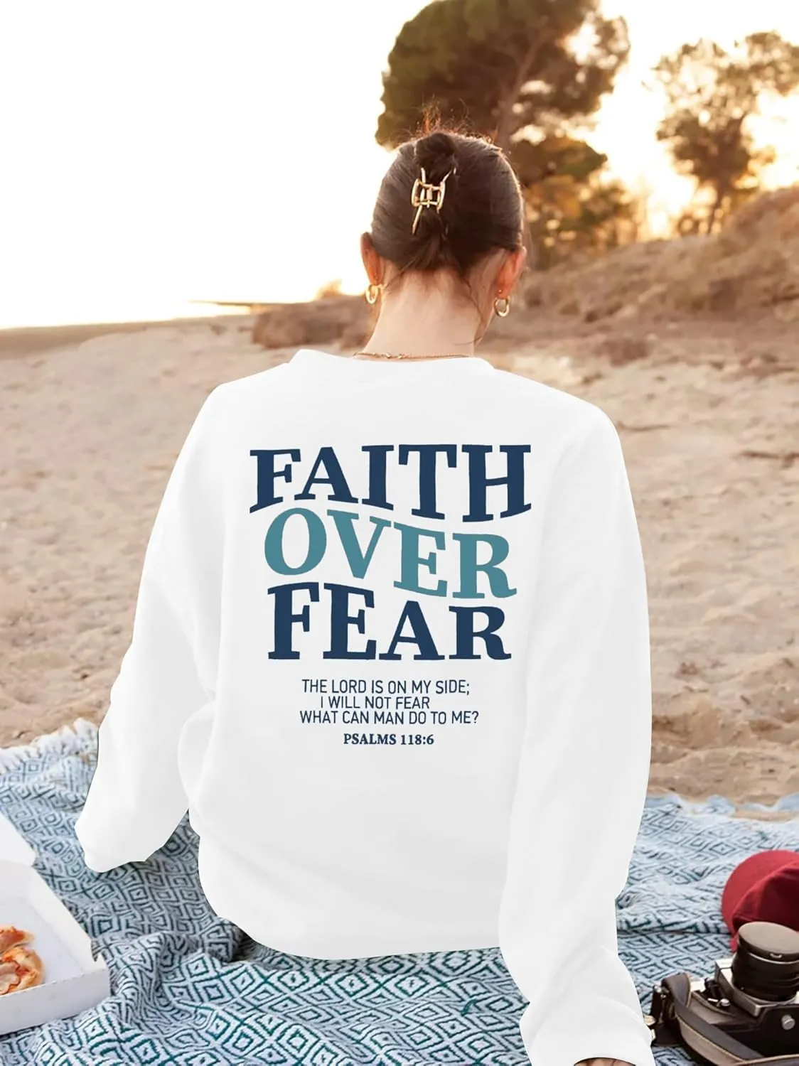 FRYAID Christian Sweatshirt Women Faith Over Fear Christian Religious Sayings Pullover Shirt Letter Print Long Sleeve Tops
