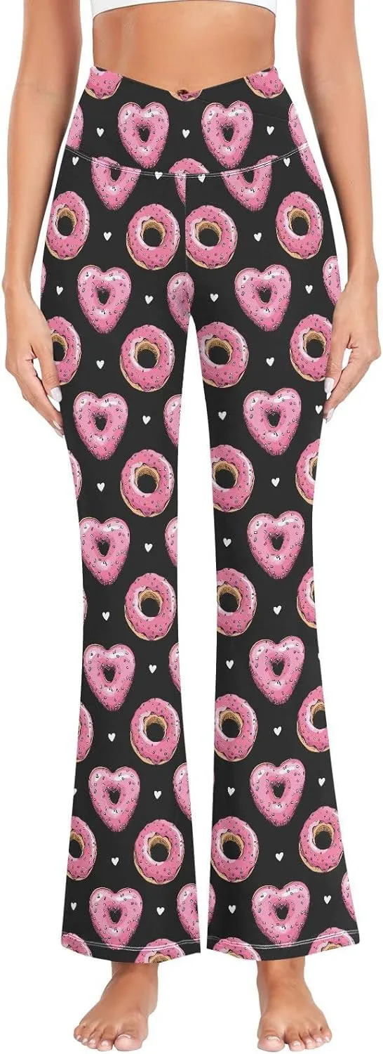 Fustylead Pink Heart Donut Women's Casual Bootleg Yoga Pants High Waist Bell Bottom Trousers