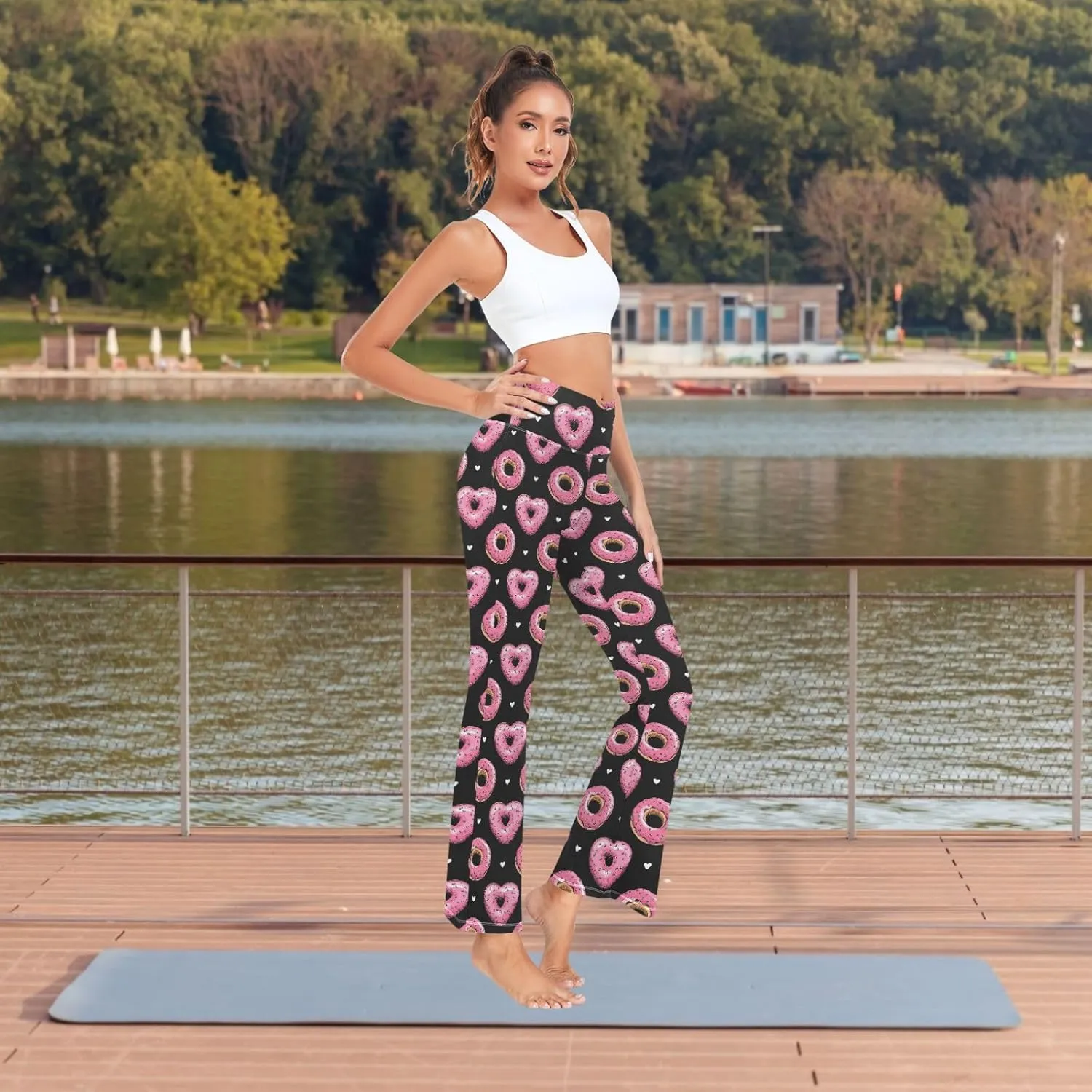 Fustylead Pink Heart Donut Women's Casual Bootleg Yoga Pants High Waist Bell Bottom Trousers