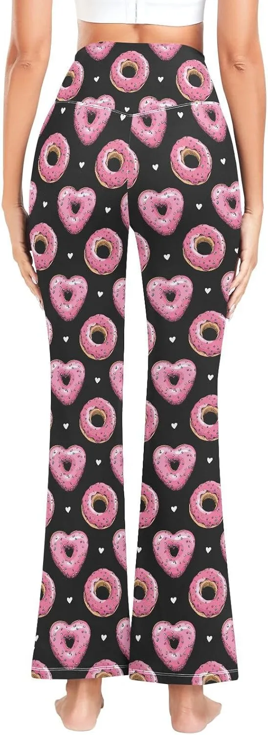 Fustylead Pink Heart Donut Women's Casual Bootleg Yoga Pants High Waist Bell Bottom Trousers
