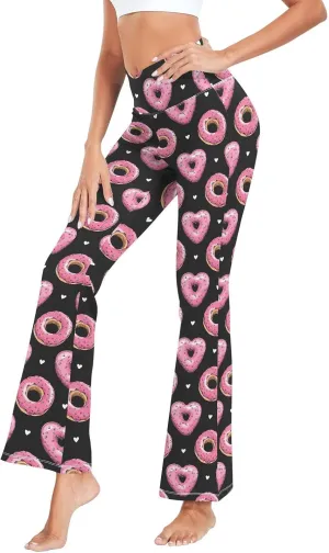 Fustylead Pink Heart Donut Women's Casual Bootleg Yoga Pants High Waist Bell Bottom Trousers