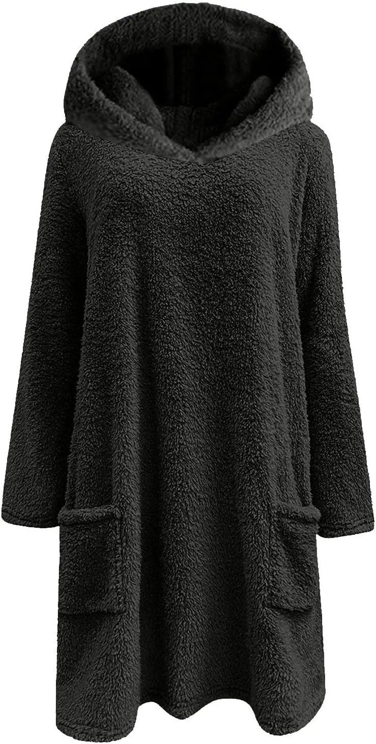 Fuzzy Fleece Hoodies For Women Cozy Warm Sherpa Hooded Pullover Tops Oversized Loose Soft Sweatshirt Loungewear