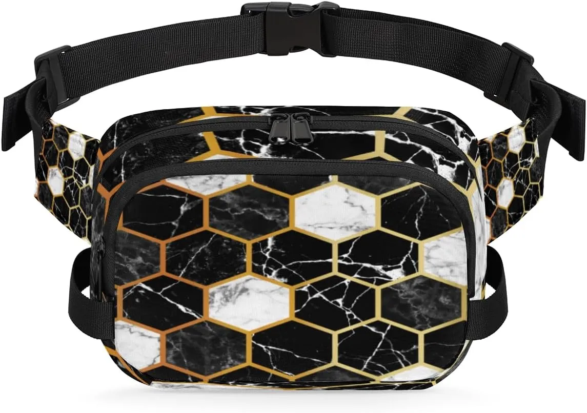 Geometric Marble Pattern Fanny Packs for Women Men Fashion Waist Packs Belt Bag Water-resistant Crossbody Bag Gold Black Waist Pouch Waist Pack Hip Bum Bag for Hiking Casual Travel Cycling