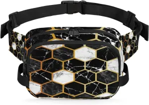 Geometric Marble Pattern Fanny Packs for Women Men Fashion Waist Packs Belt Bag Water-resistant Crossbody Bag Gold Black Waist Pouch Waist Pack Hip Bum Bag for Hiking Casual Travel Cycling