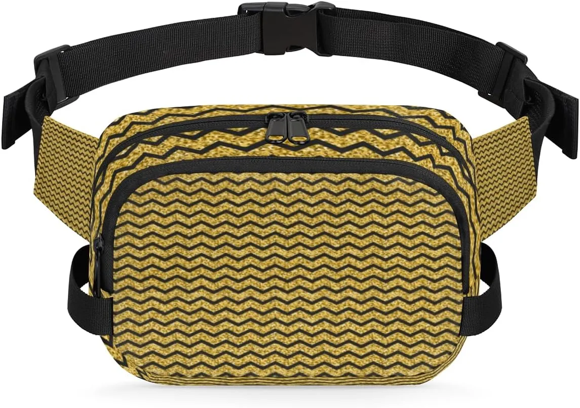 Gold Black Chevron Wave Fanny Packs for Women Men Fashion Waist Packs Belt Bag Water-resistant Crossbody Bag Waist Pouch Waist Pack Hip Bum Bag for Hiking Casual Travel Cycling