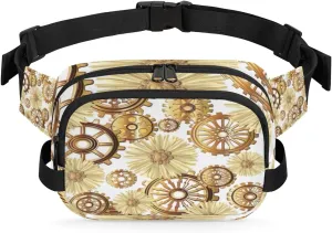 Gold Wheel Gear Flower Fanny Packs for Women Men Fashion Waist Packs Belt Bag Water-resistant Crossbody Bag Waist Pouch Waist Pack Hip Bum Bag for Hiking Casual Travel Cycling
