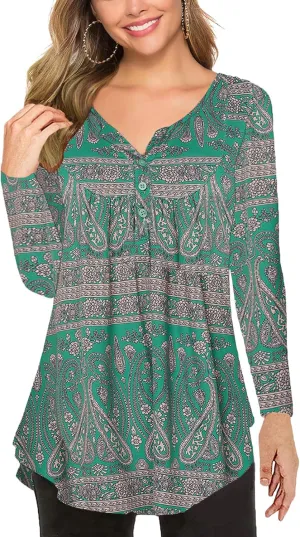 Halife Women's Floral Printed Long Sleeve Henley Shirts V Neck Pleated Casual Flare Tunic Blouse Tops