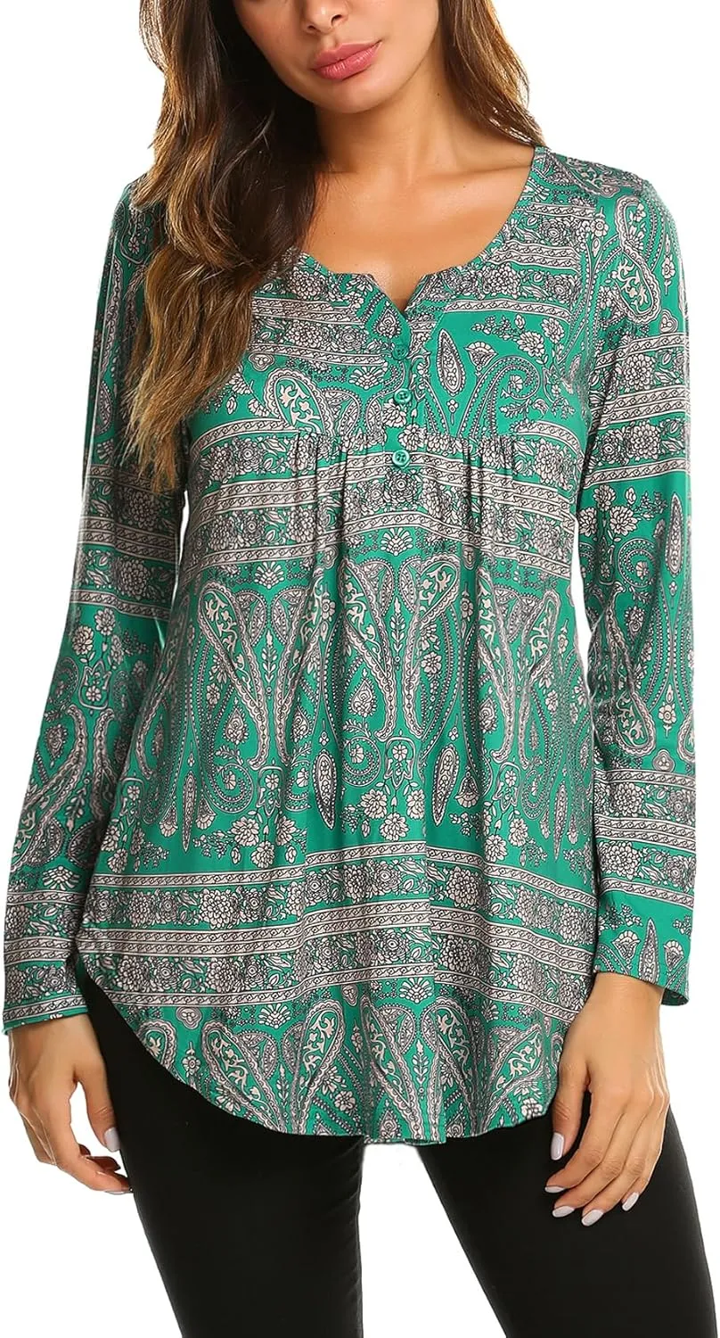 Halife Women's Floral Printed Long Sleeve Henley Shirts V Neck Pleated Casual Flare Tunic Blouse Tops