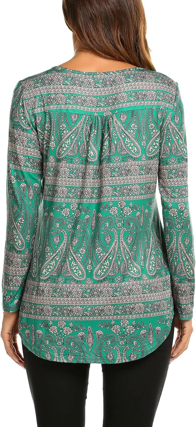 Halife Women's Floral Printed Long Sleeve Henley Shirts V Neck Pleated Casual Flare Tunic Blouse Tops