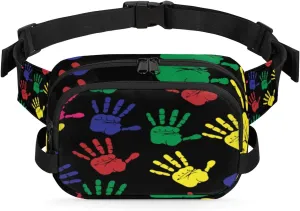 Handprints Fanny Packs for Women Men Fashion Waist Packs Belt Bag Water-resistant Crossbody Bag Yellow Green Red Waist Pouch Waist Pack Hip Bum Bag for Hiking Casual Travel Cycling