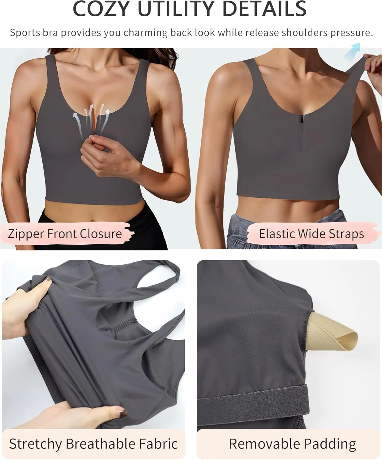 HORISUN Sports Bra Longline Zip Front Closure Workout Tops Yoga Crop Tank Top with Built in Bra for Women