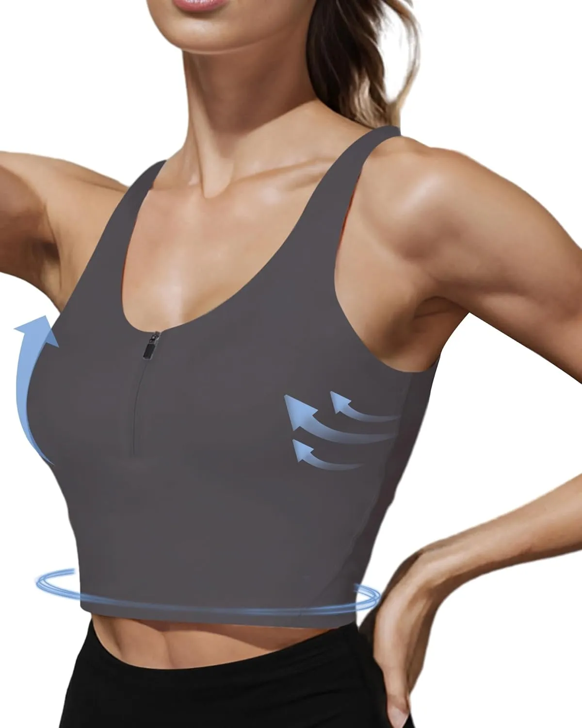 HORISUN Sports Bra Longline Zip Front Closure Workout Tops Yoga Crop Tank Top with Built in Bra for Women