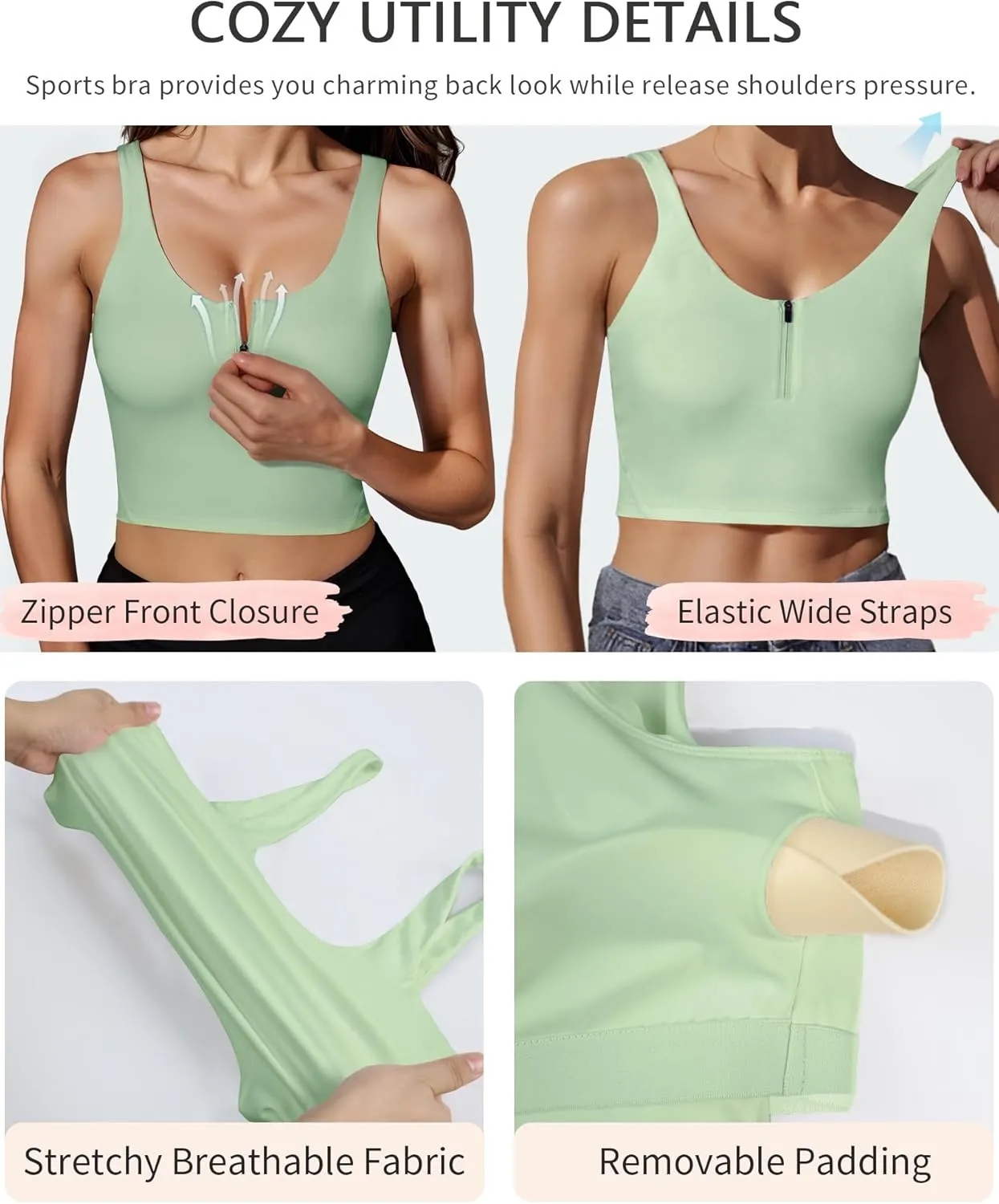 HORISUN Sports Bra Longline Zip Front Closure Workout Tops Yoga Crop Tank Top with Built in Bra for Women