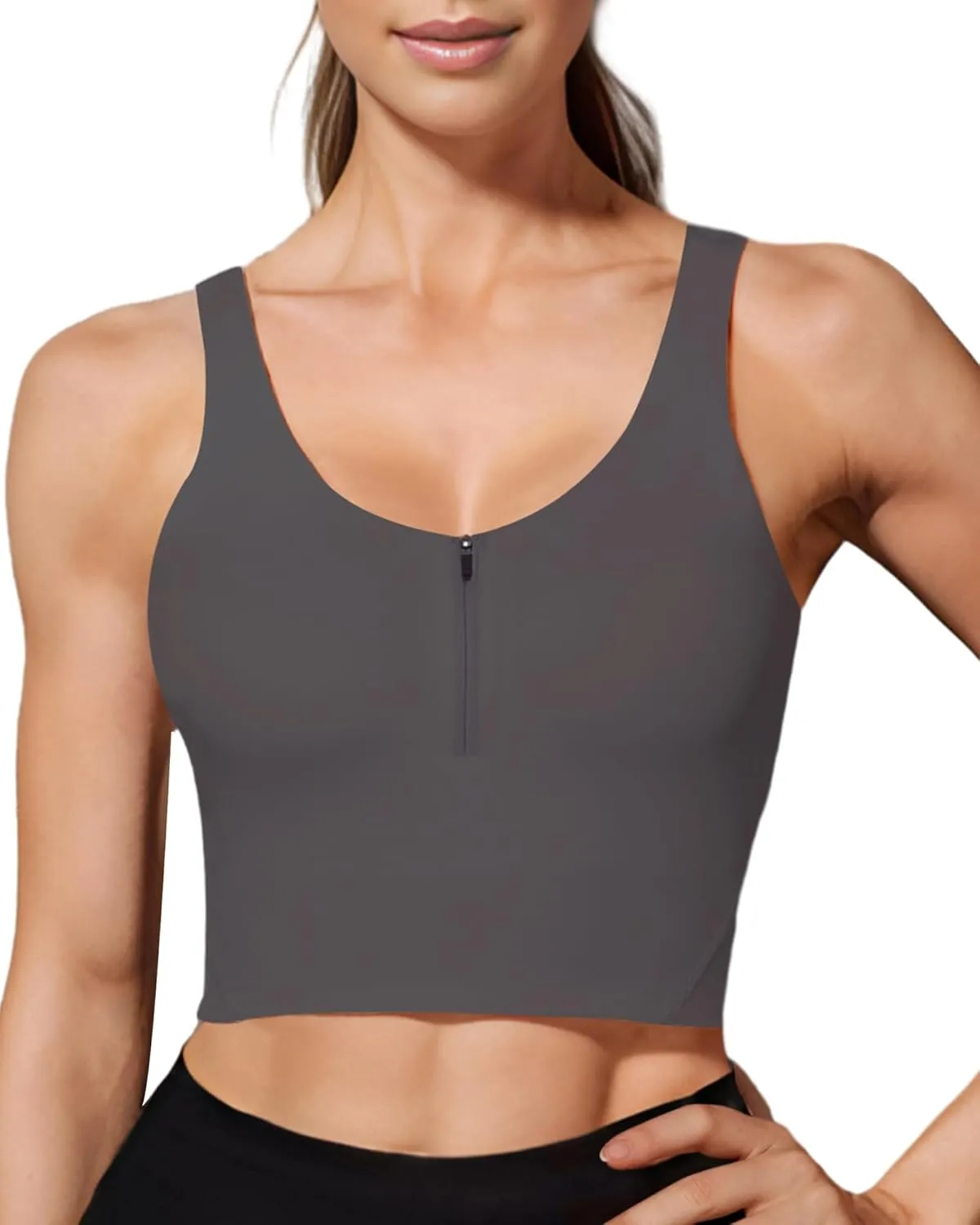 HORISUN Sports Bra Longline Zip Front Closure Workout Tops Yoga Crop Tank Top with Built in Bra for Women