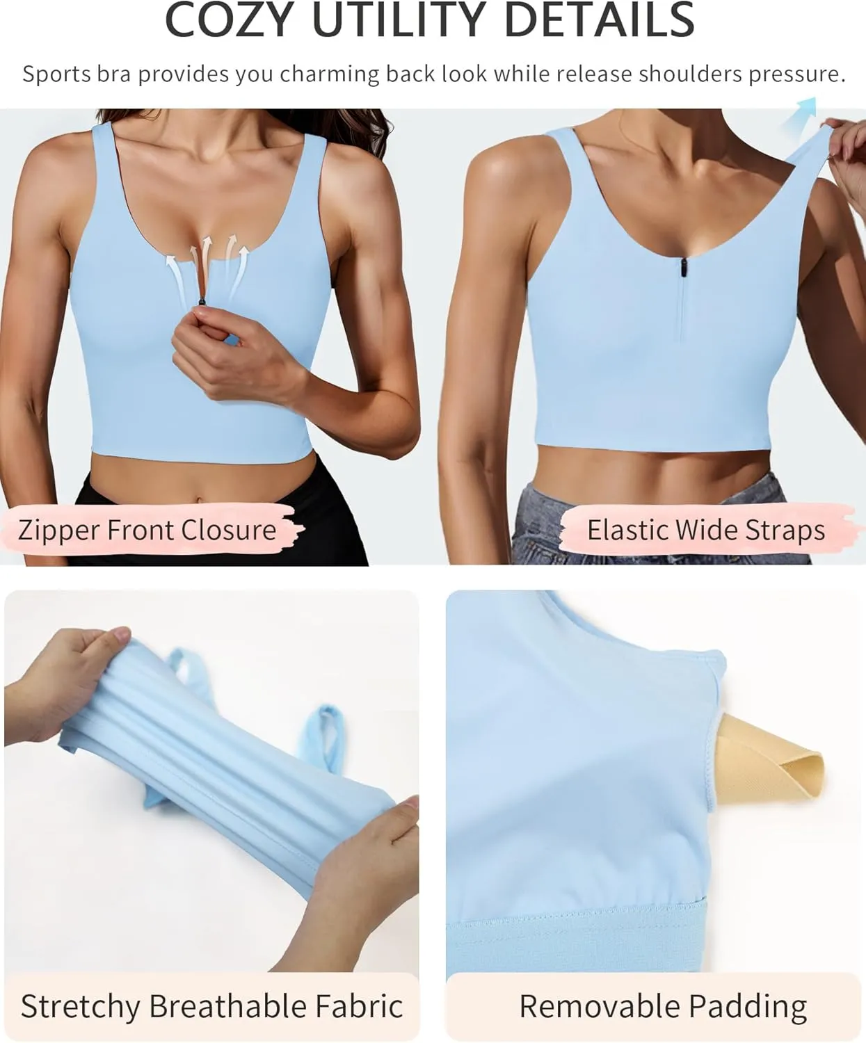 HORISUN Sports Bra Longline Zip Front Closure Workout Tops Yoga Crop Tank Top with Built in Bra for Women