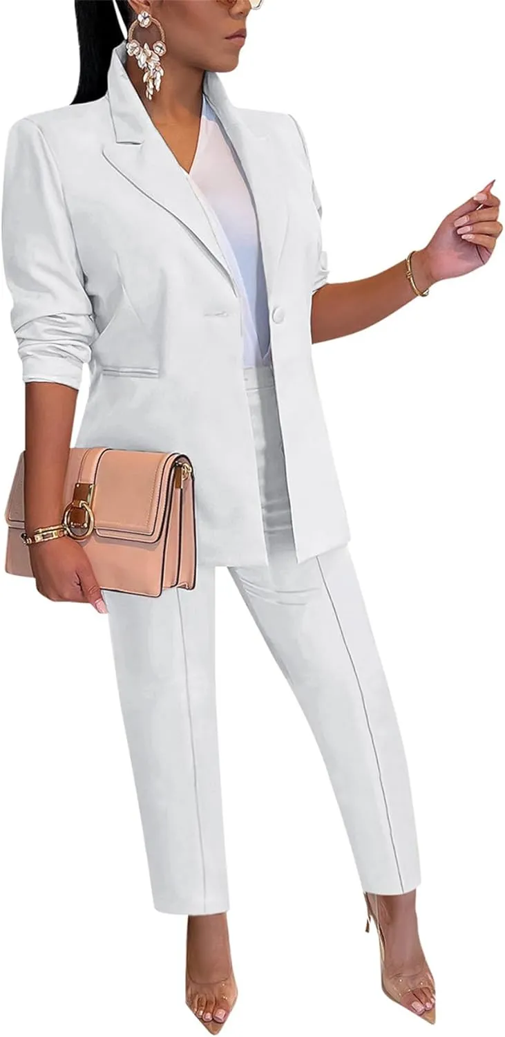 HuiSiFang Women's Blazer and Pants 2 Piece Suits 2025 Fall Fashion Solid Color Casual Blazer Sets
