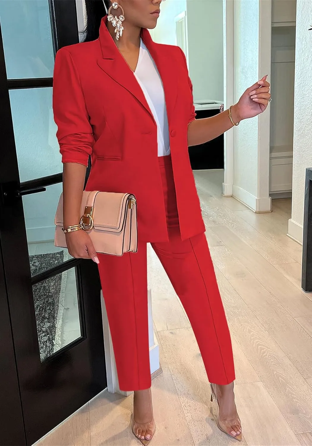HuiSiFang Women's Blazer and Pants 2 Piece Suits 2025 Fall Fashion Solid Color Casual Blazer Sets