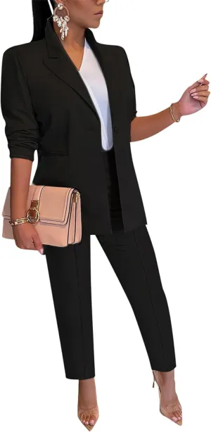 HuiSiFang Women's Blazer and Pants 2 Piece Suits 2025 Fall Fashion Solid Color Casual Blazer Sets