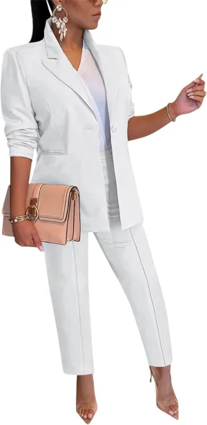 HuiSiFang Women's Blazer and Pants 2 Piece Suits 2025 Fall Fashion Solid Color Casual Blazer Sets