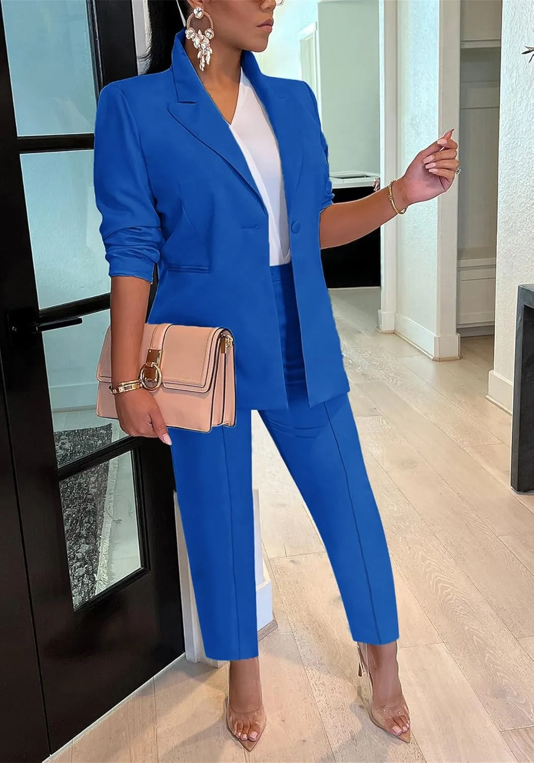 HuiSiFang Women's Blazer and Pants 2 Piece Suits 2025 Fall Fashion Solid Color Casual Blazer Sets
