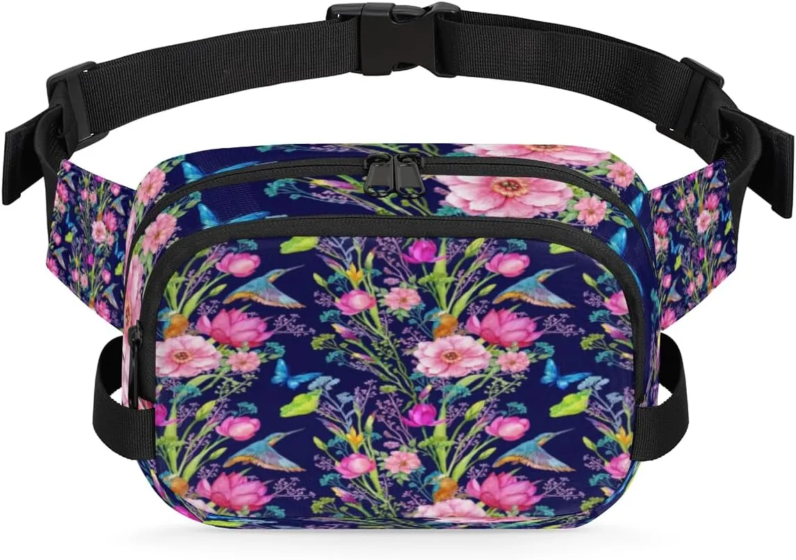 Hummingbirds Flower Aesthetic Fanny Pack Crossbody Bags for Women Men Waist Packs Hip Bum Bag Cross Body Fanny Pack with Adjustable Strap for Running Hiking Travel
