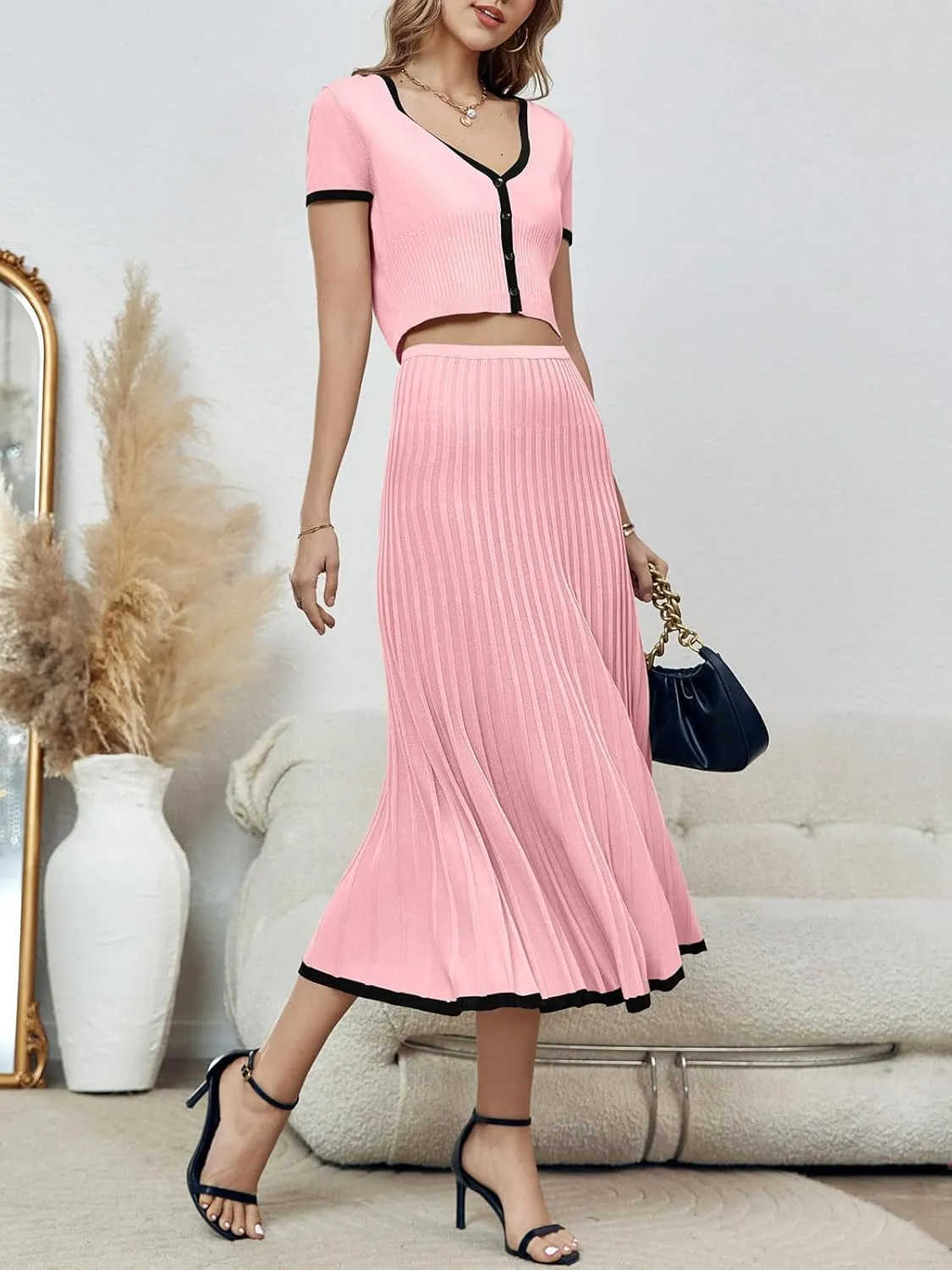 Imily Bela Womens 2 Piece Sweater Outfits Sets Short Sleeve V Neck Crop Top Knit Midi Long Pleated Skirt Dresses