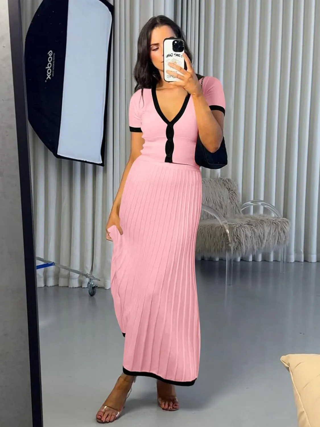 Imily Bela Womens 2 Piece Sweater Outfits Sets Short Sleeve V Neck Crop Top Knit Midi Long Pleated Skirt Dresses