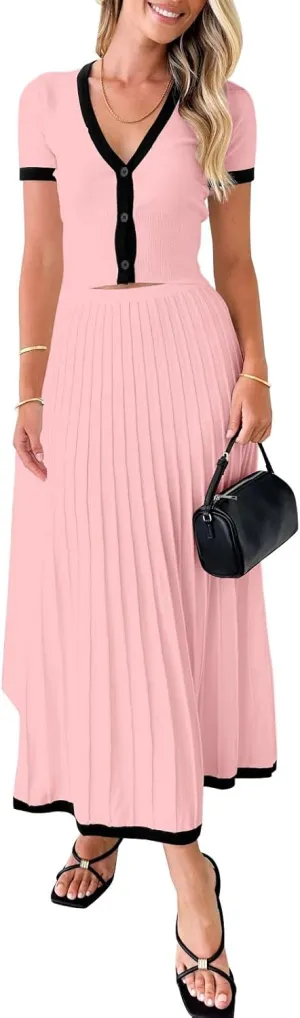 Imily Bela Womens 2 Piece Sweater Outfits Sets Short Sleeve V Neck Crop Top Knit Midi Long Pleated Skirt Dresses