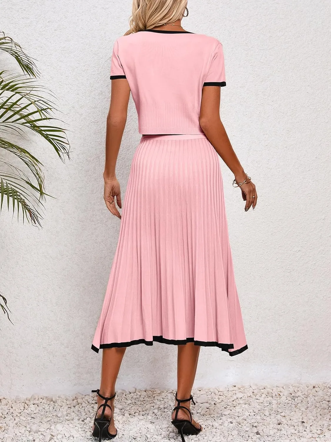 Imily Bela Womens 2 Piece Sweater Outfits Sets Short Sleeve V Neck Crop Top Knit Midi Long Pleated Skirt Dresses