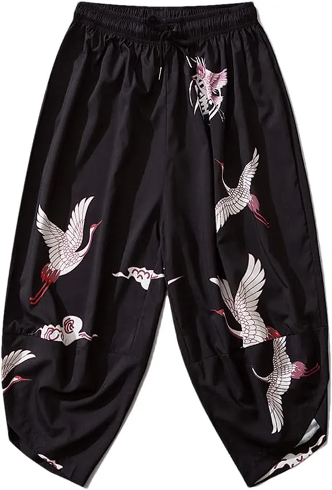 Japanese Crane Print Black Pants Men Workout Baggy Harem Pants Kimono Elastic Trousers