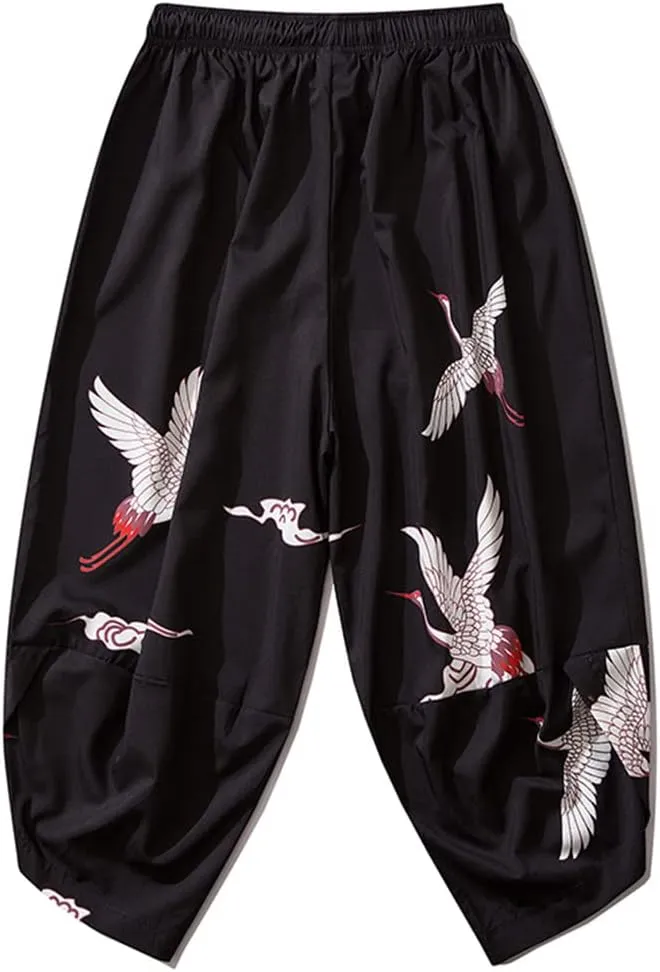 Japanese Crane Print Black Pants Men Workout Baggy Harem Pants Kimono Elastic Trousers