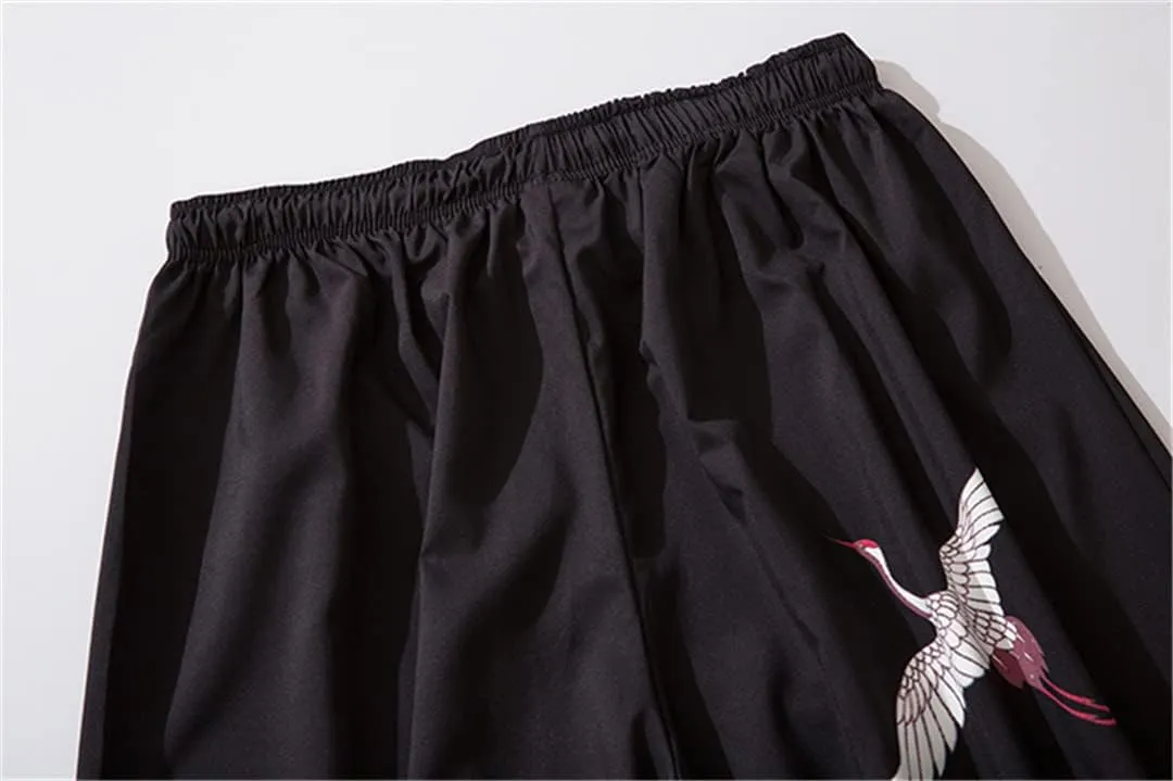 Japanese Crane Print Black Pants Men Workout Baggy Harem Pants Kimono Elastic Trousers