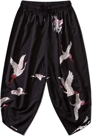 Japanese Crane Print Black Pants Men Workout Baggy Harem Pants Kimono Elastic Trousers
