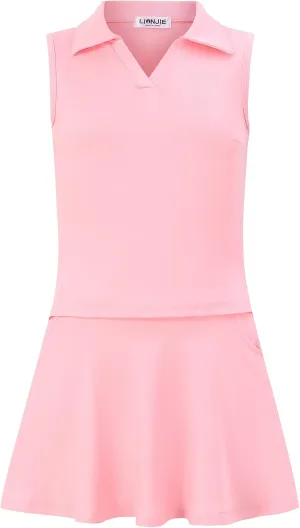 Kids Girls Tennis Golf Dress Outfit Sleeveless Dress with Pockets Athletic Skorts and Polo Tank Top Sets